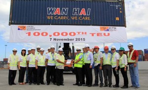 Subic Bay Metropolitan Authority chairman Roberto Garcia (middle, left) receives from Subic Bay International Terminal Corp (SBITC) officials a copy of documents marking the arrival of the 100,000th container at the New Container Terminal 2 in Subic Bay Freeport. Witnessing the event is SBITC general manager Roberto Locsin.