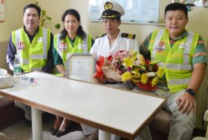 At the welcome ceremonies for Anji Shipping at the Manila South Harbor, from left to right, Asian Terminals Inc. marketing manager Reginald Rivera, China Shipping Agency Co. Ltd. (CSACL) Shipping Division deputy general manager Zhang Yun, Anji 11 Captain Wang Huairong, CSACL Shipping Division chief of Marketing Section Jiang Nan.