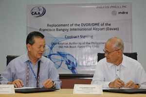 Civil Aviation Authority of the Philippines chief Lt Gen (ret) William Hotchkiss III (left) with Brigadier General (ret) Generoso Maligat, Indra Philippines representative, at the awarding of the air traffic management system to install a new navigational system at the Francisco Bangoy International Airport (Davao International Airport). Photo courtesy of CAAP.