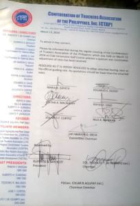 New Confederation of Truckers Association of the philippines rates took effect March 15, 2014.